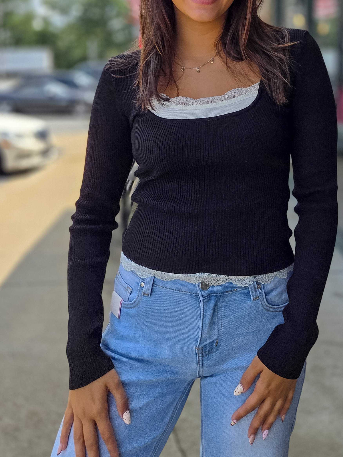 Square Neck Lace Trim Ribbed Sweater