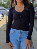 Lace Trim Ribbed Long Sleeve Top – Ruched Bust Button Detail V Neck Fitted Stretchy Basic Shirt