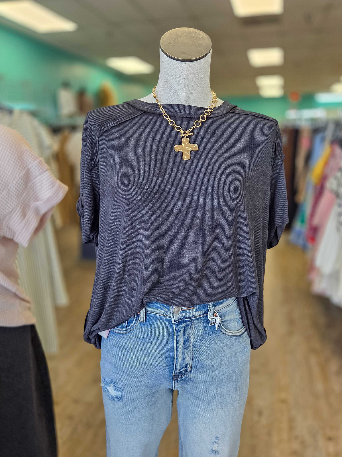 Washed Ribbed Relaxed Short Sleeve Top