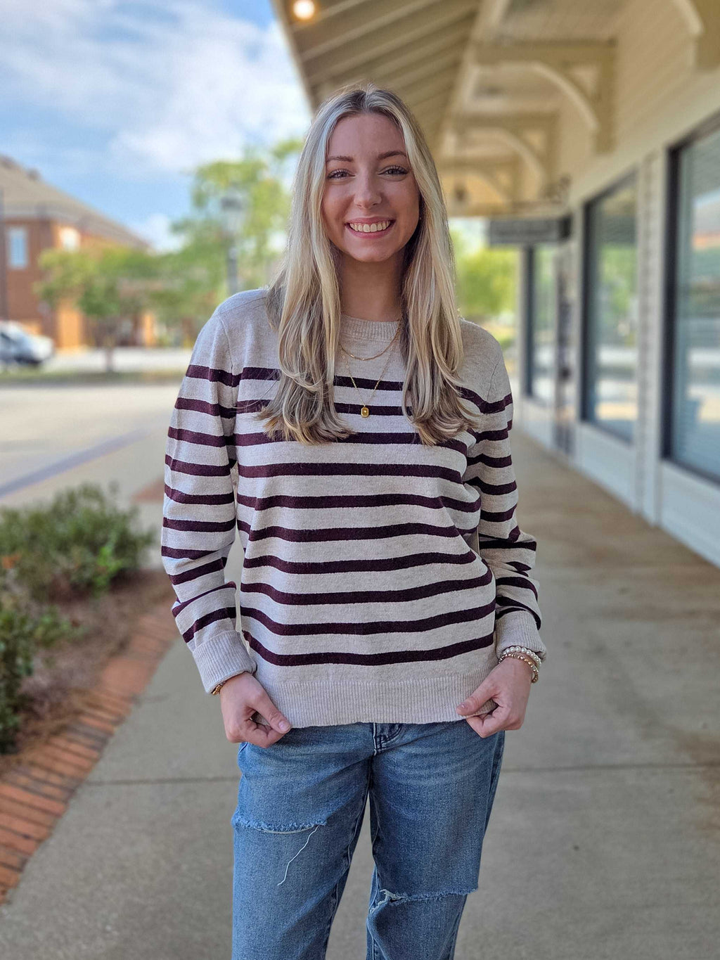 Women’s Striped Crewneck Knit Sweater – Long Sleeve Soft Fall Pullover