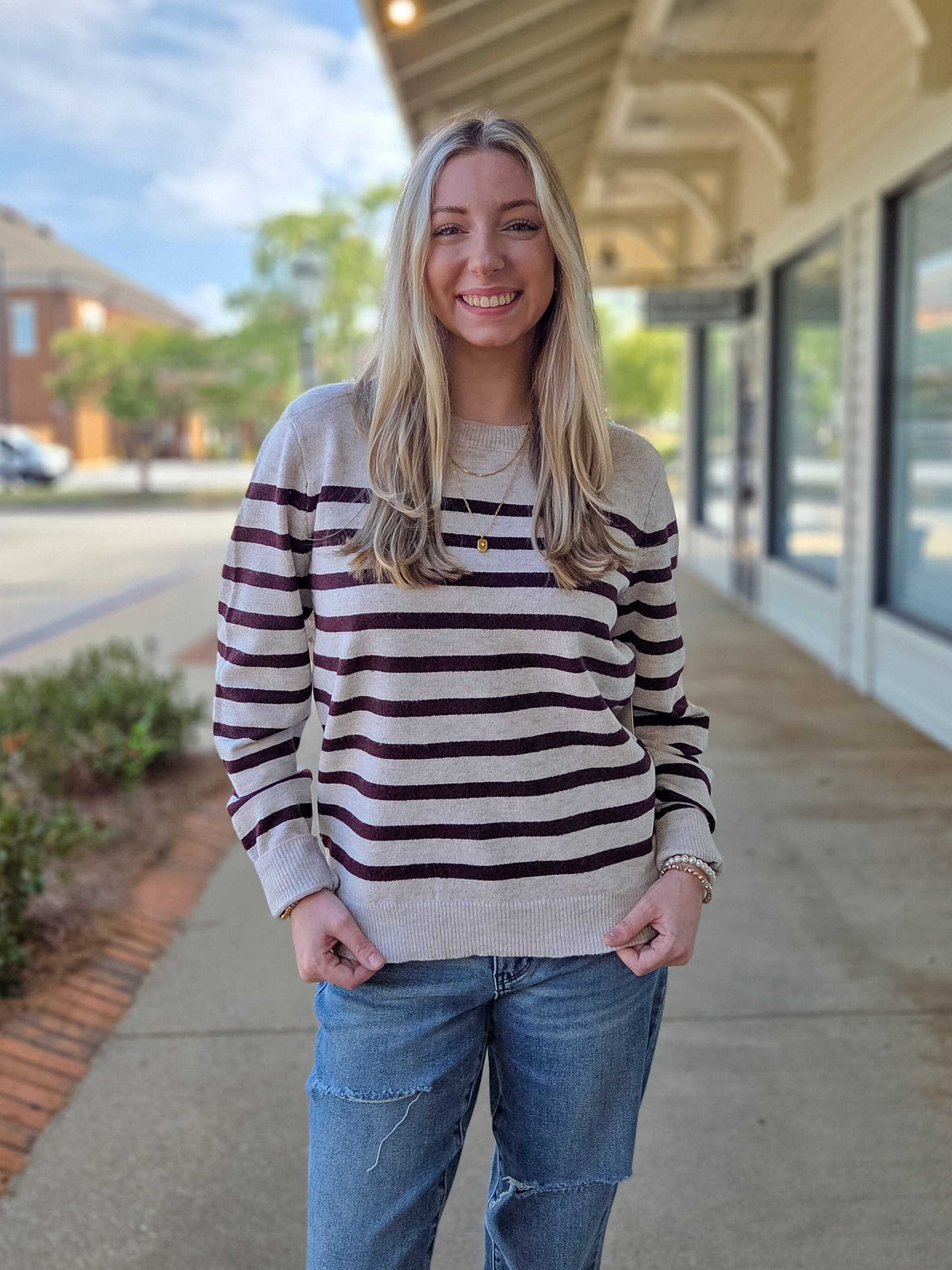 Women’s Striped Crewneck Knit Sweater – Long Sleeve Soft Fall Pullover