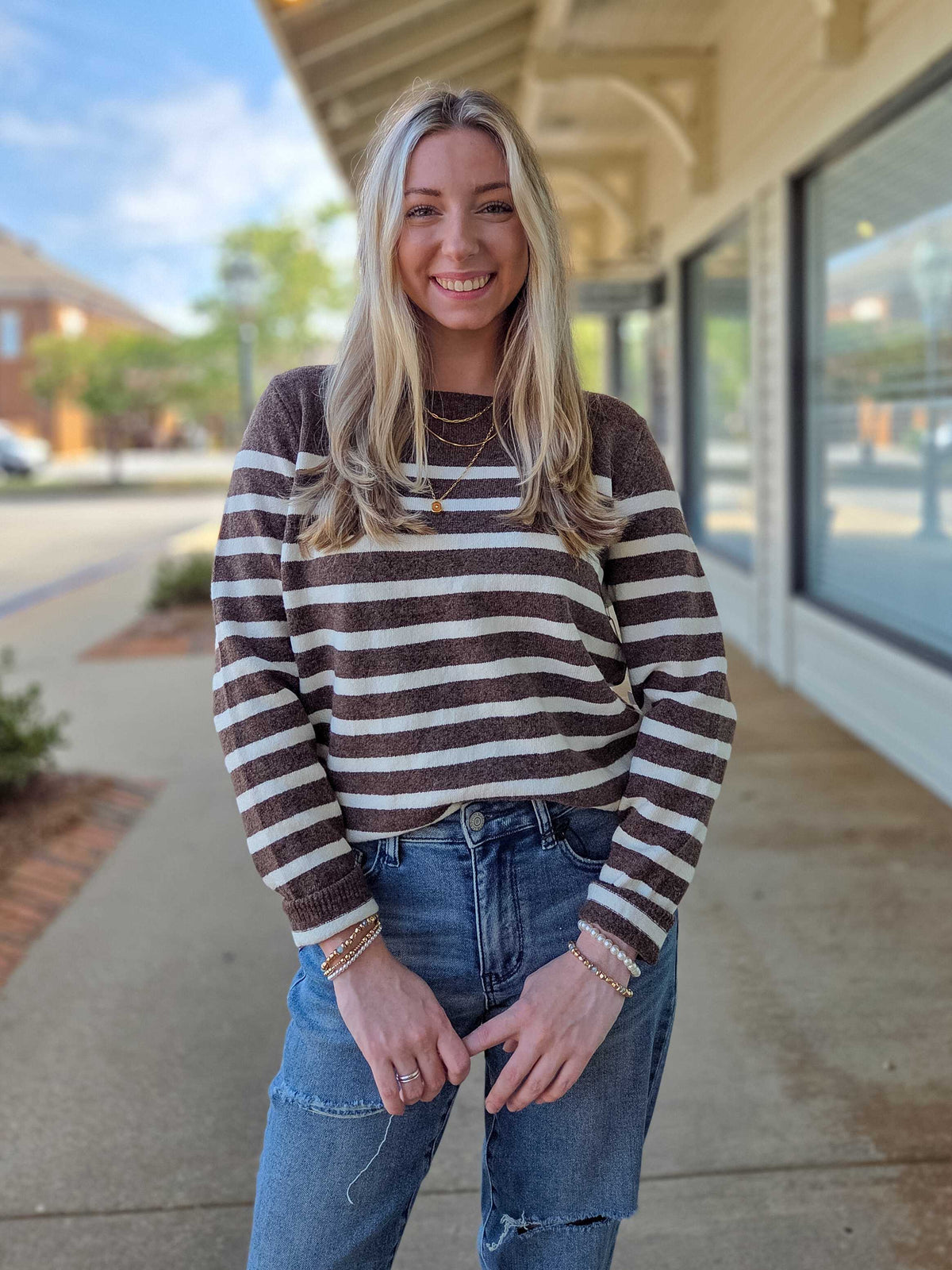 Women’s Striped Crewneck Knit Sweater – Long Sleeve Soft Fall Pullover