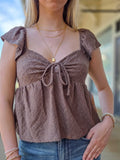 Women’s Babydoll Tie Front Top – Ruffle Sleeve Sweetheart Neck Textured Blouse