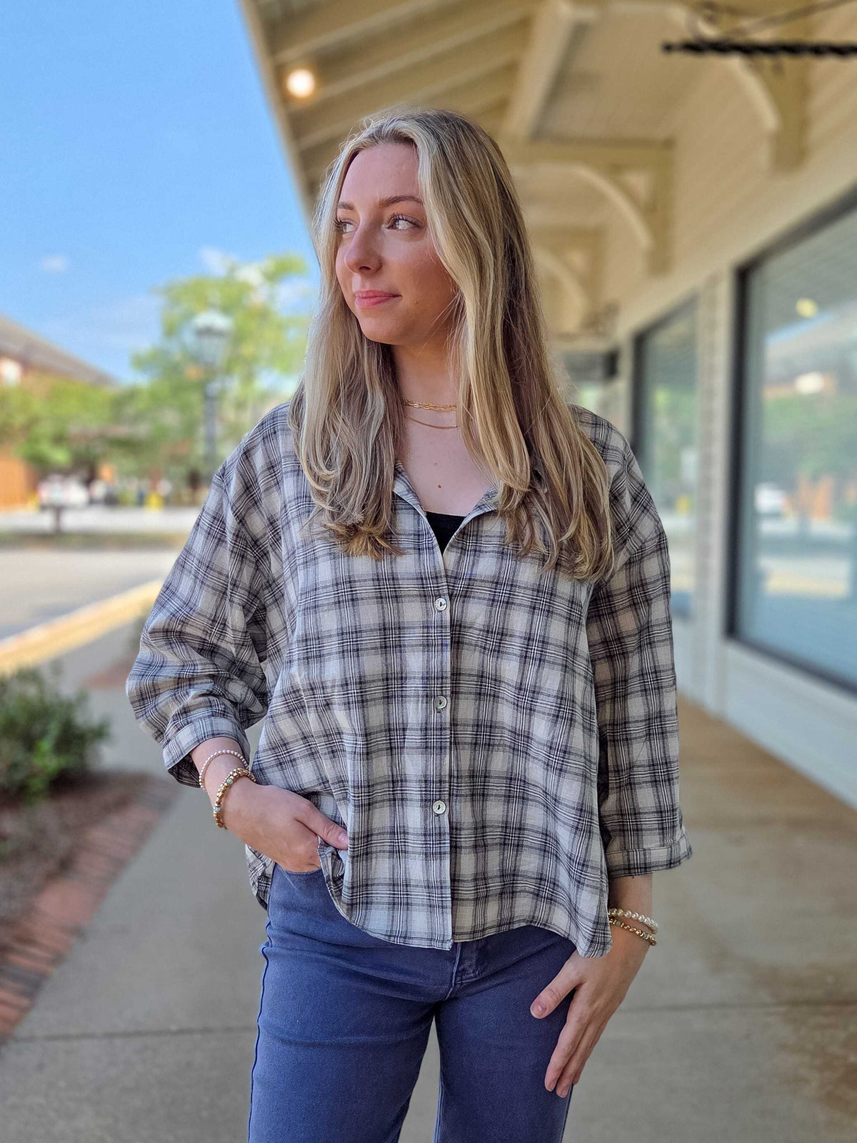 Women’s Grey Plaid Button Up Top – 3/4 Sleeve Relaxed Casual Shirt