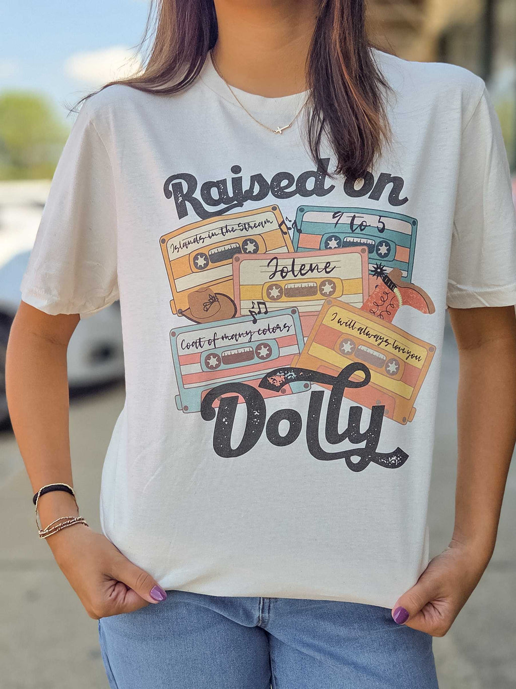Raised on Dolly Cassette Graphic Tee – Gildan Natural T-Shirt