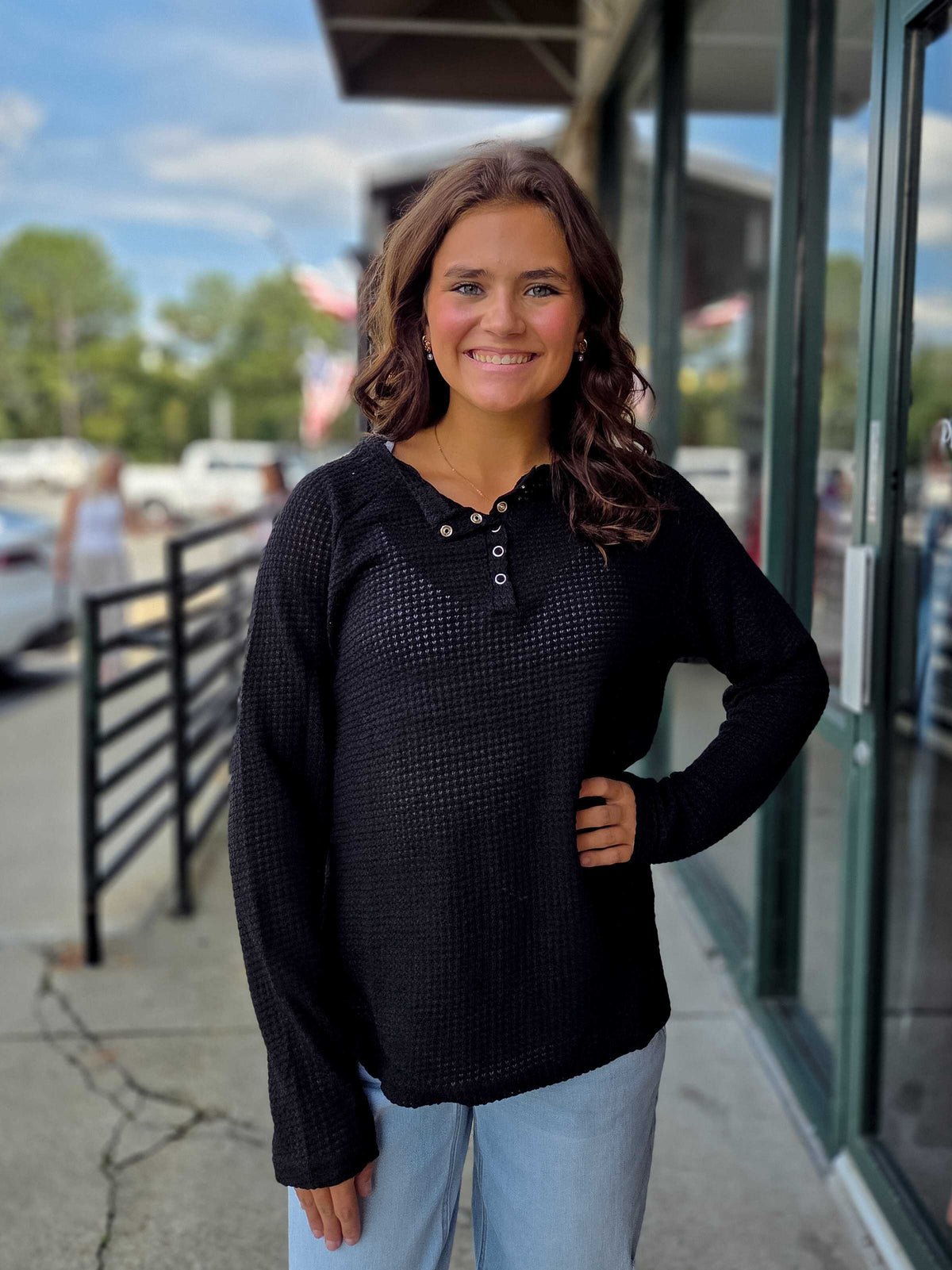 Women’s Waffle Knit Henley Top – Long Sleeve Snap Button Casual Shirt