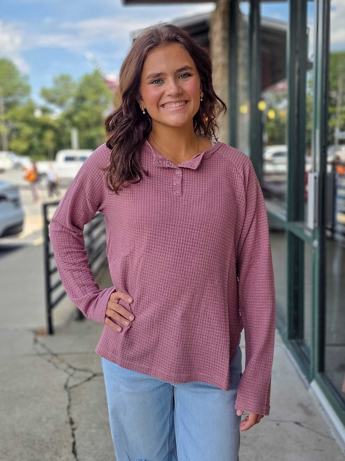 Women’s Waffle Knit Henley Top – Long Sleeve Snap Button Casual Shirt