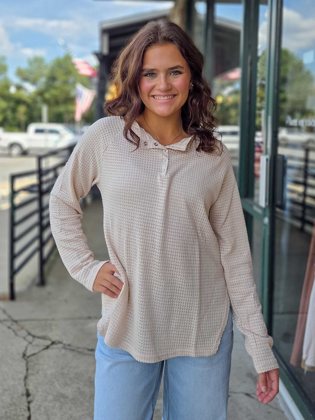 Women’s Waffle Knit Henley Top – Long Sleeve Snap Button Casual Shirt