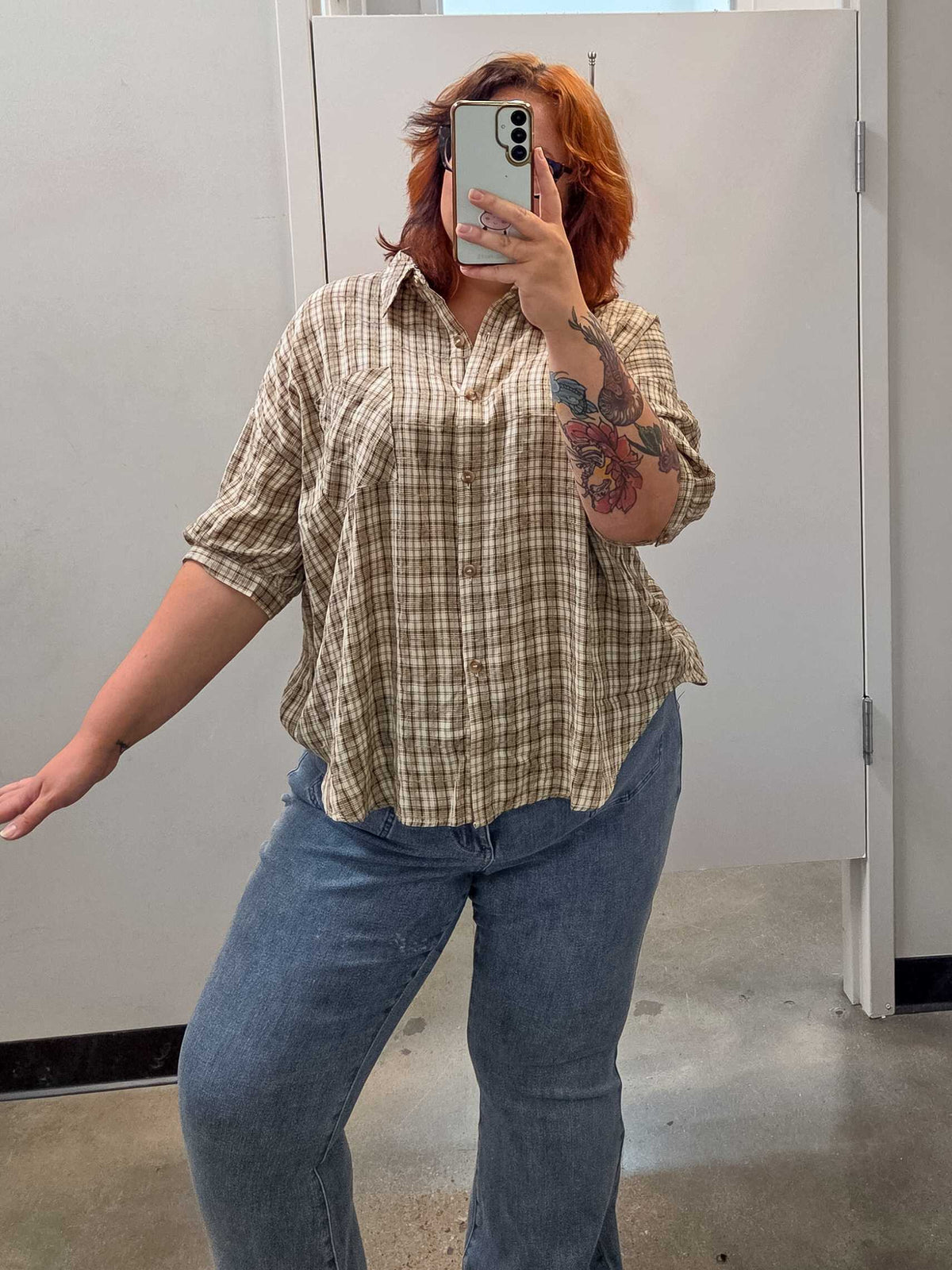 Plaid Collared Button Down Top