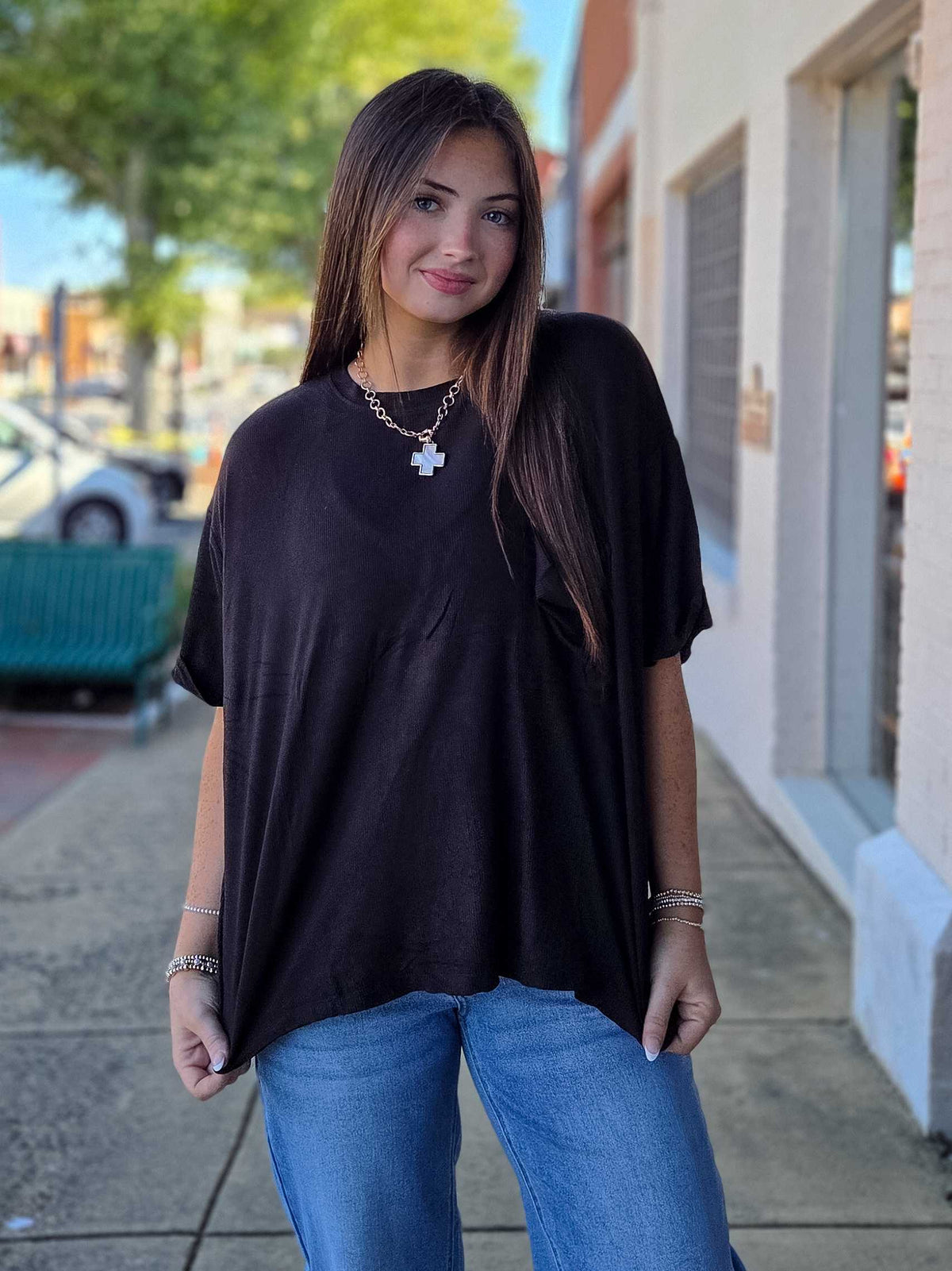 Oversized Ribbed Round Neck Short Sleeve Tee