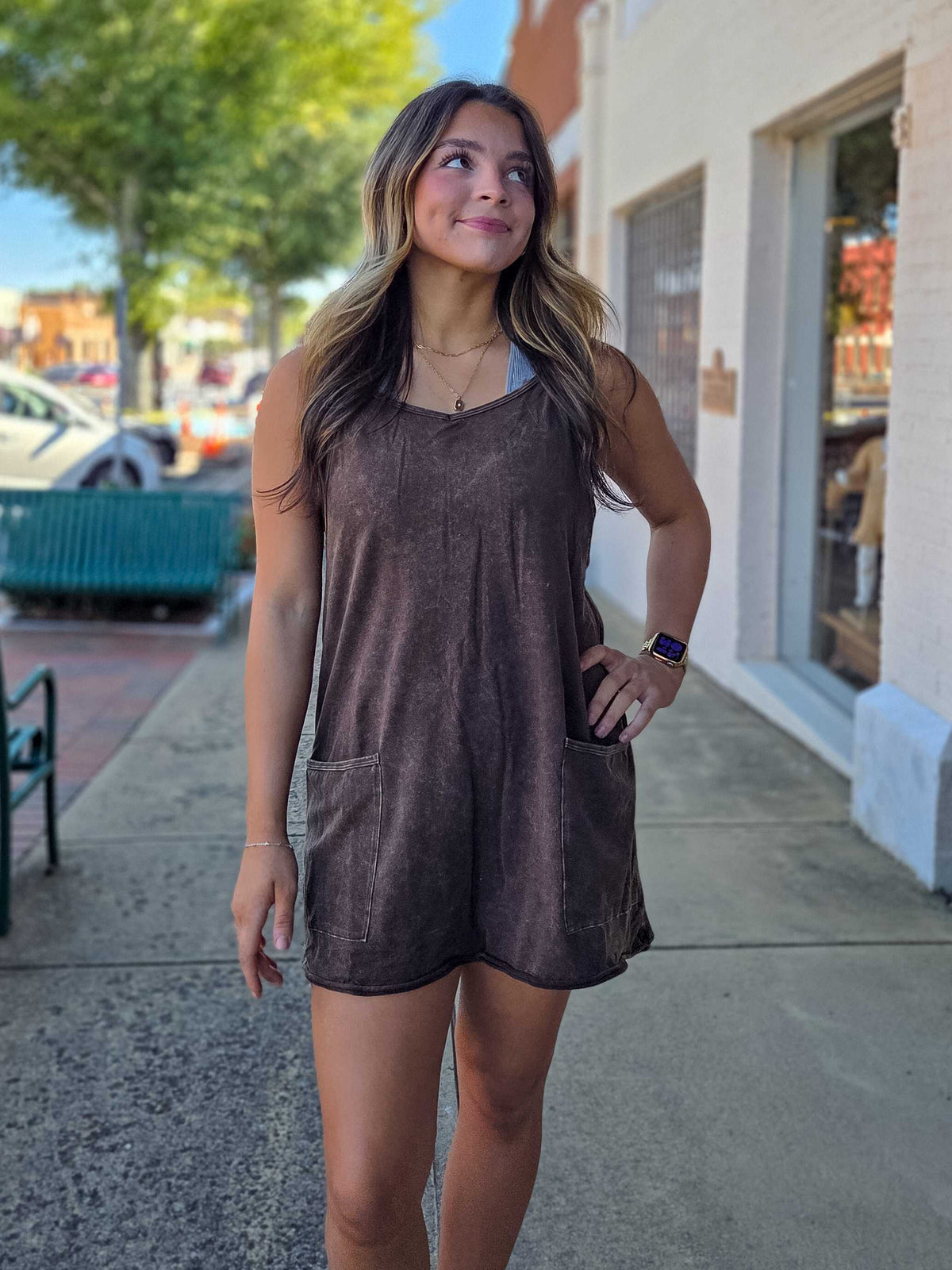 Zenana Acid Wash Mini Dress Romper – Built-In Liner & Pockets