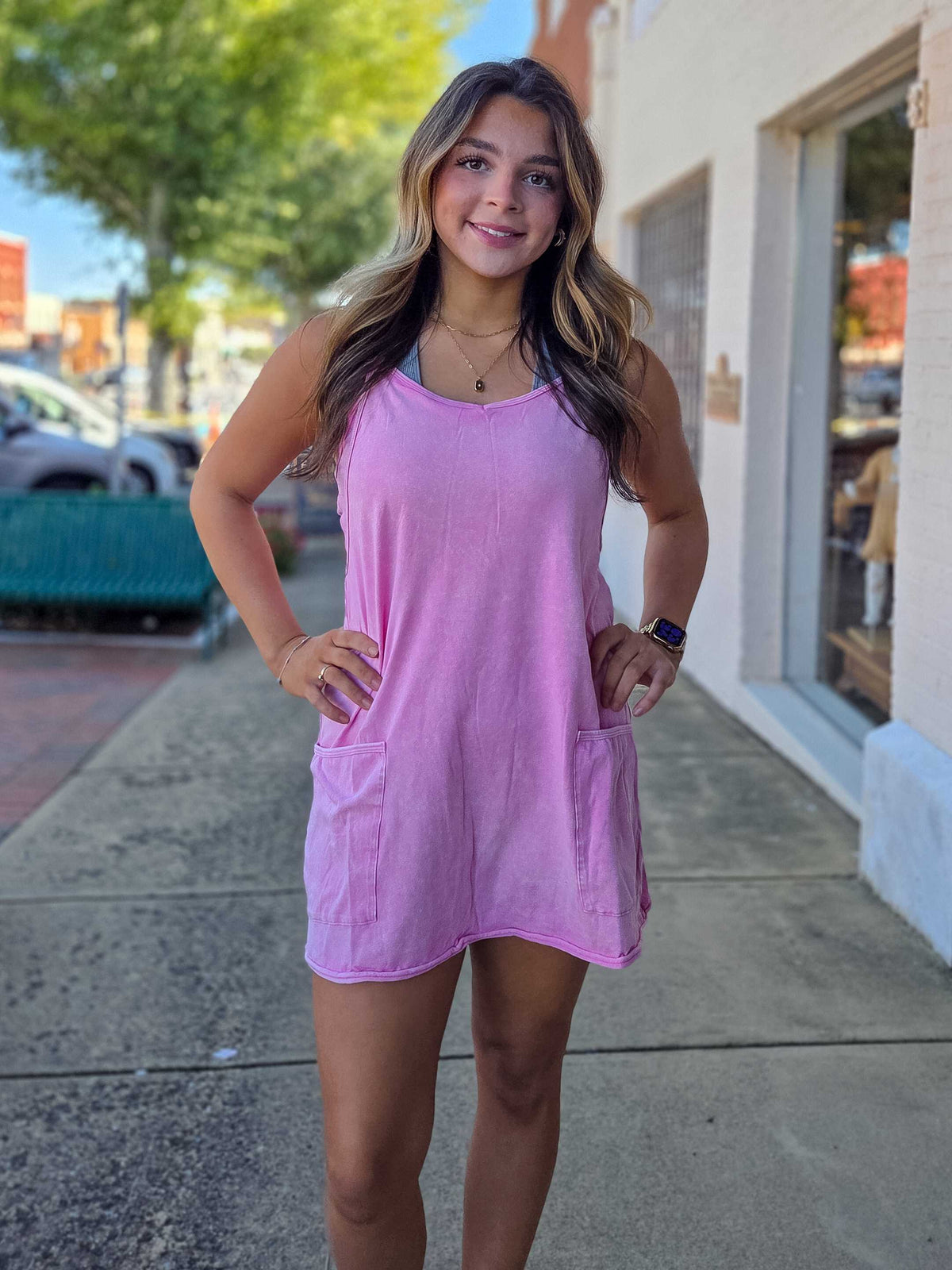 Zenana Acid Wash Mini Dress Romper – Built-In Liner & Pockets