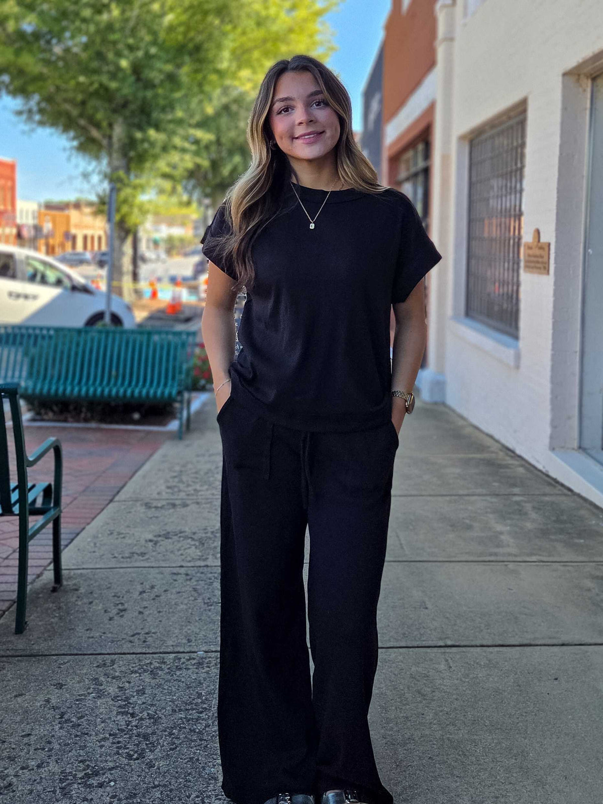 Ribbed Short Sleeve Tee & Wide Leg Pants Set