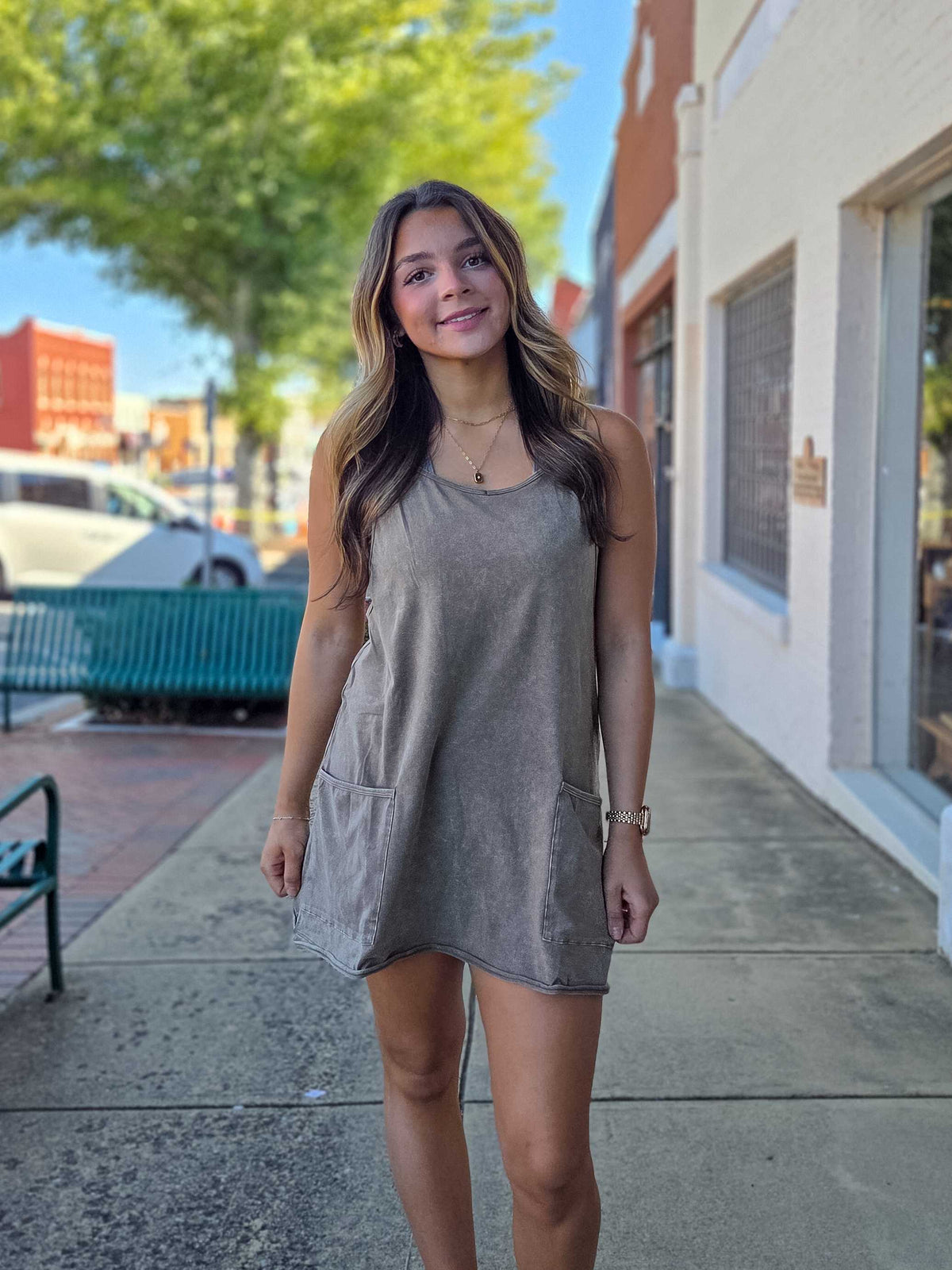 Zenana Acid Wash Mini Dress Romper – Built-In Liner & Pockets