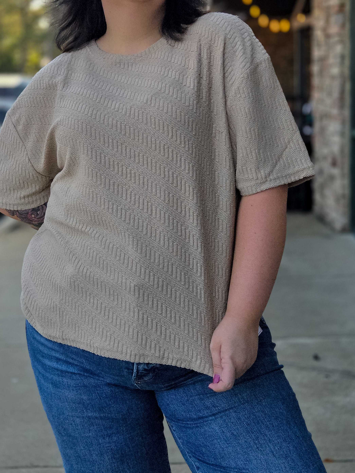 Textured Geometric Jacquard Short Sleeve Top