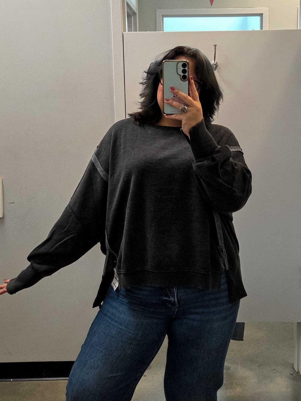 Acid Wash Batwing Sleeve Hi-Low Sweatshirt