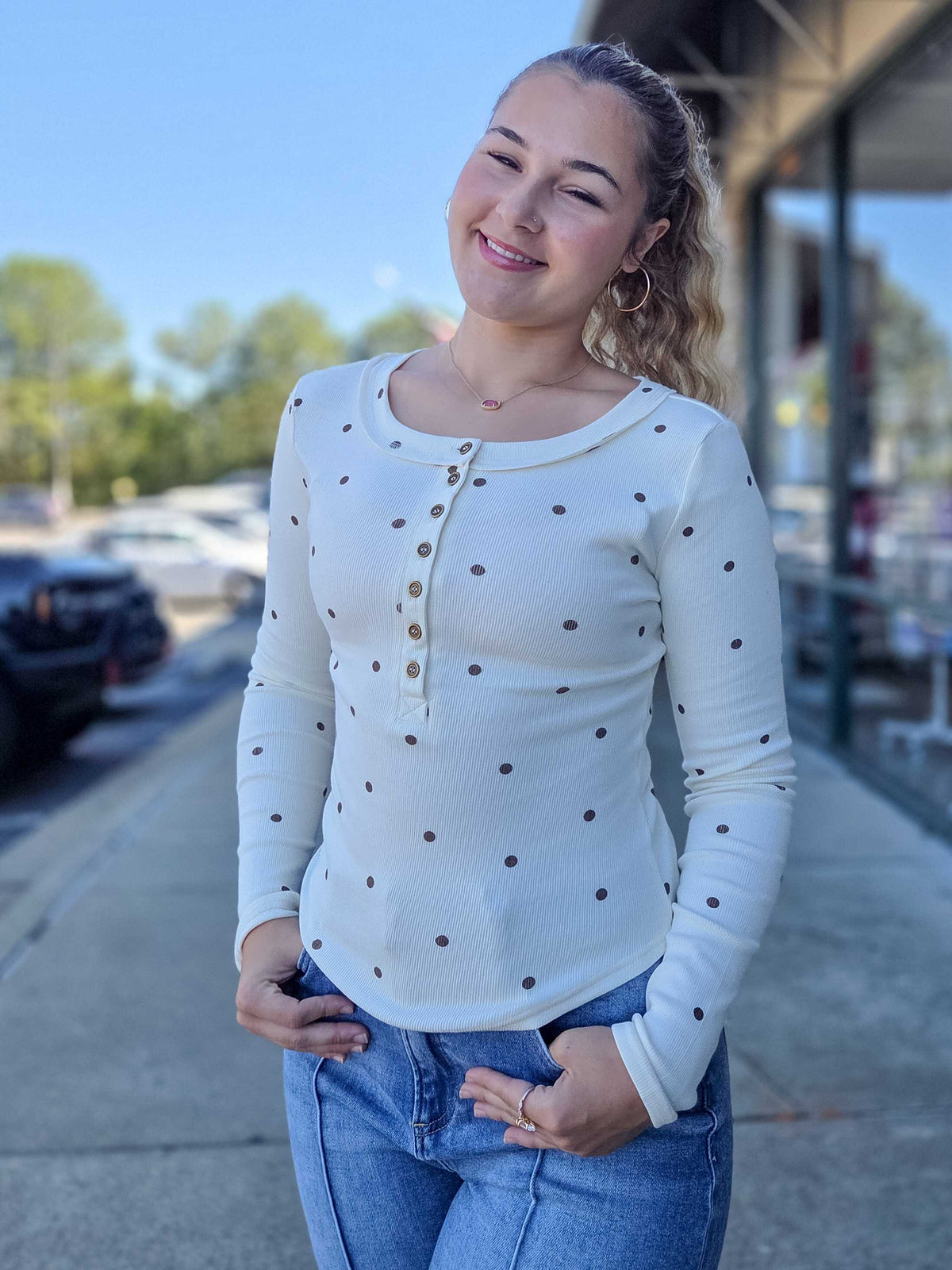 Polka Dot Long Sleeve Henley Knit Top