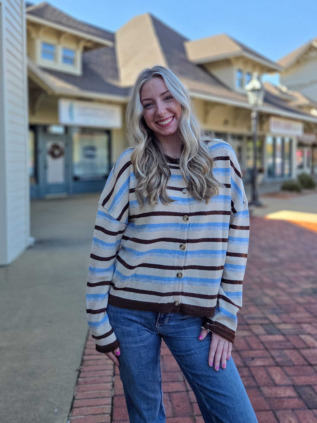 Multi Stripe Reversible Button-Up Knit Cardigan