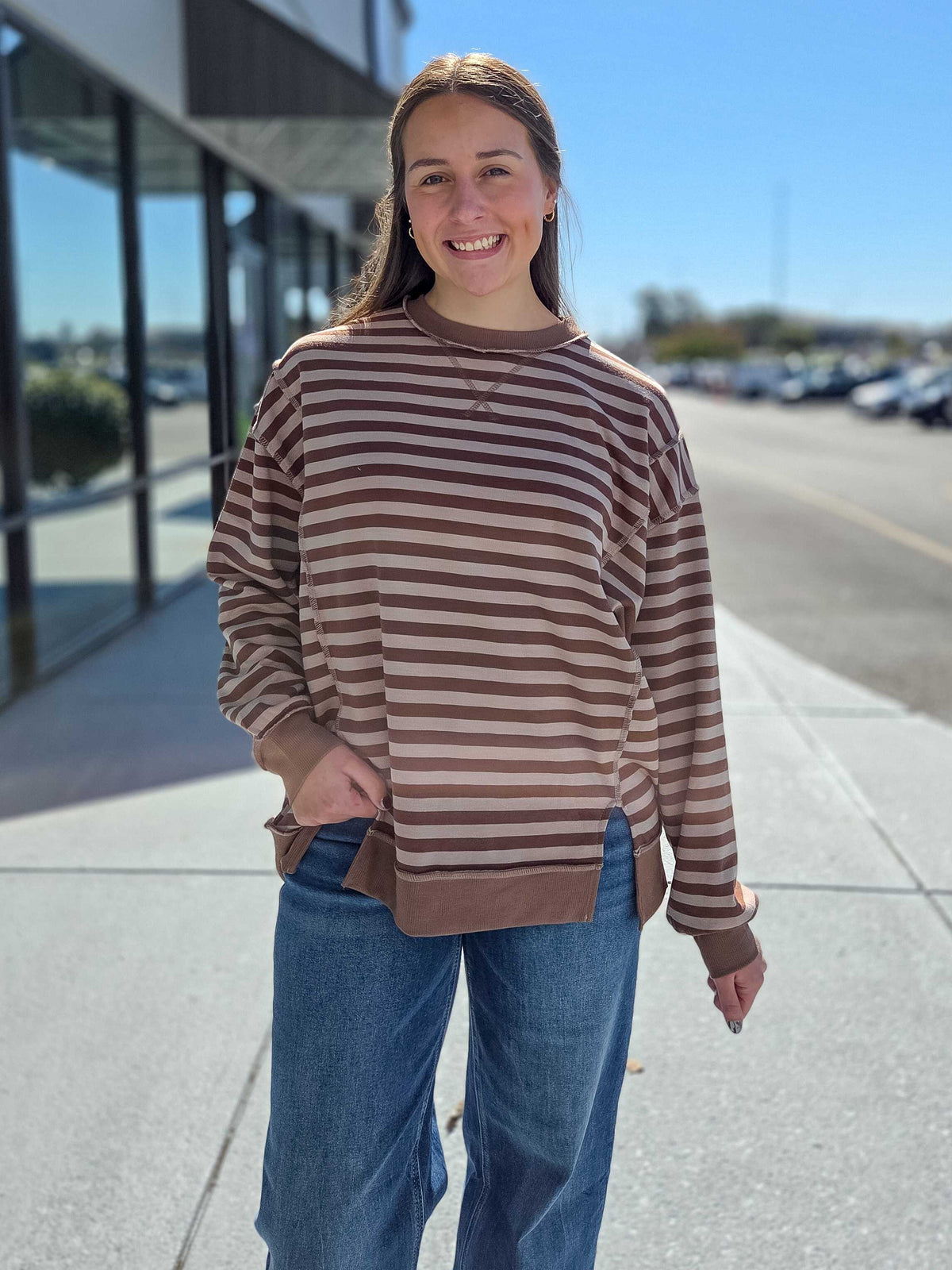 Zenana French Terry Striped Long Sleeve Pullover