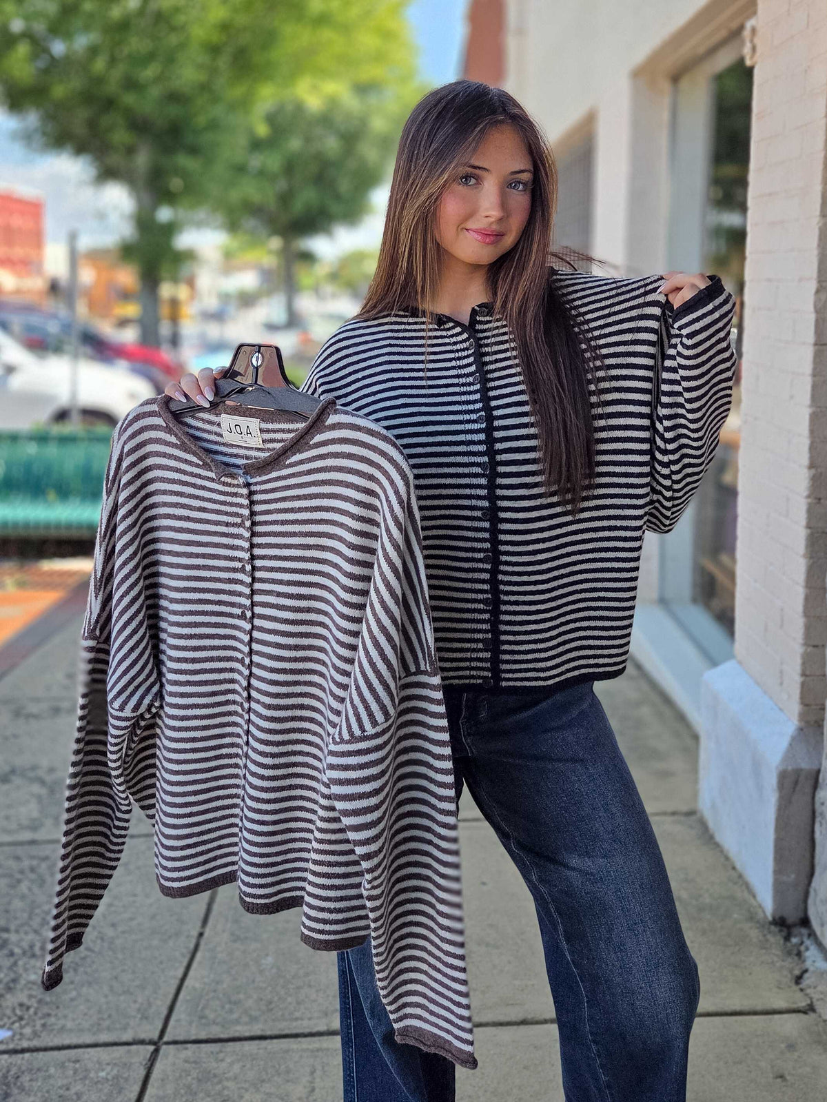 Striped Raw Edge Button Down Knit Cardigan