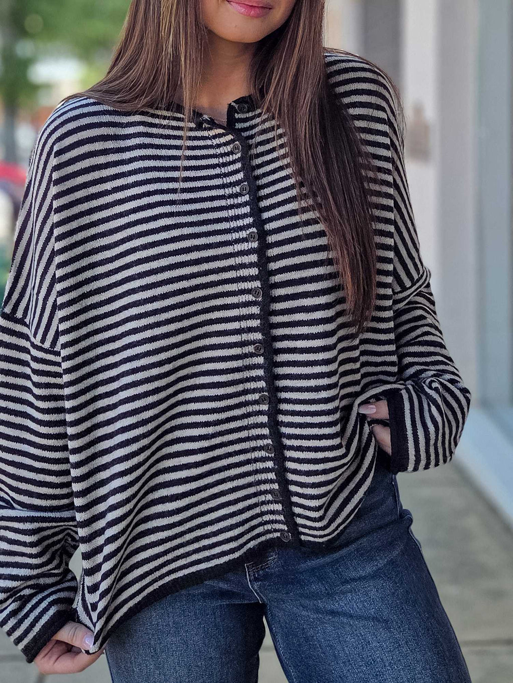 Striped Raw Edge Button Down Knit Cardigan