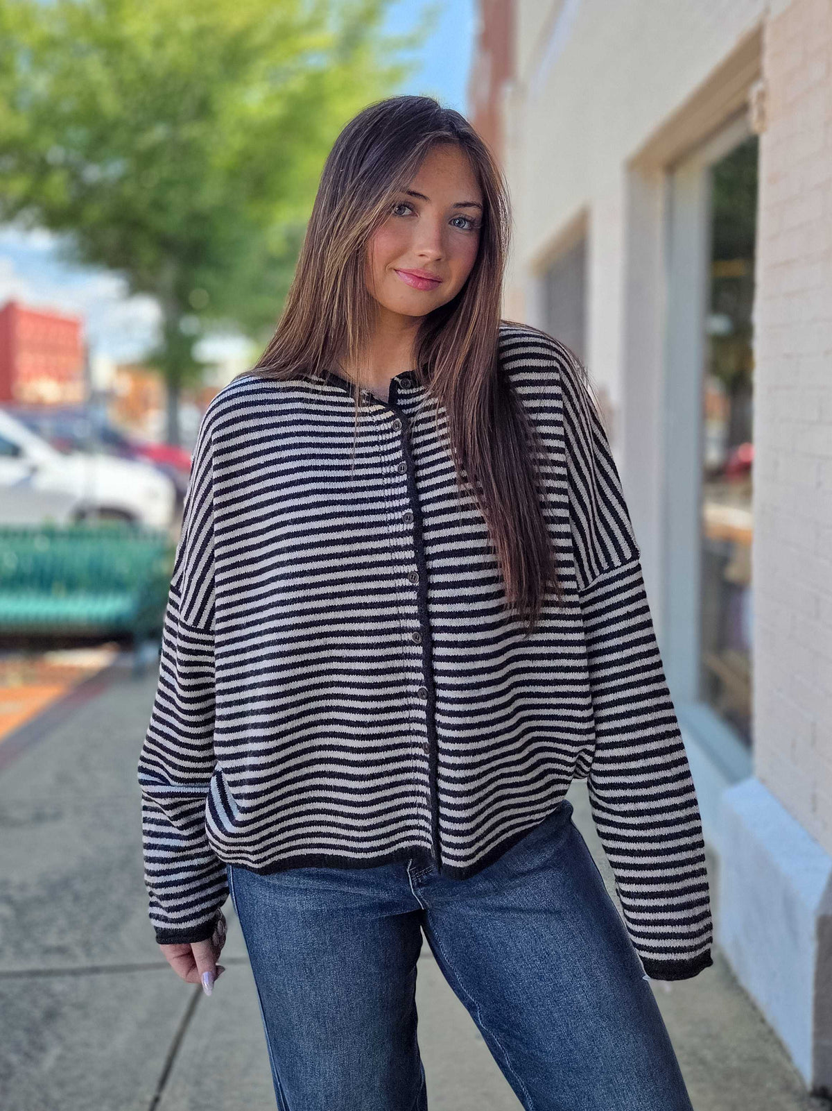 Striped Raw Edge Button Down Knit Cardigan