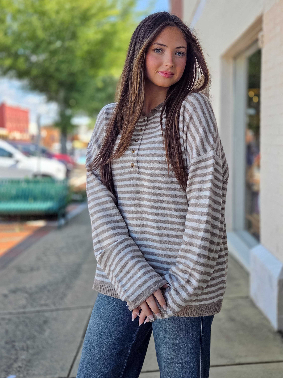 Striped Henley Drop Shoulder Long Sleeve Sweater