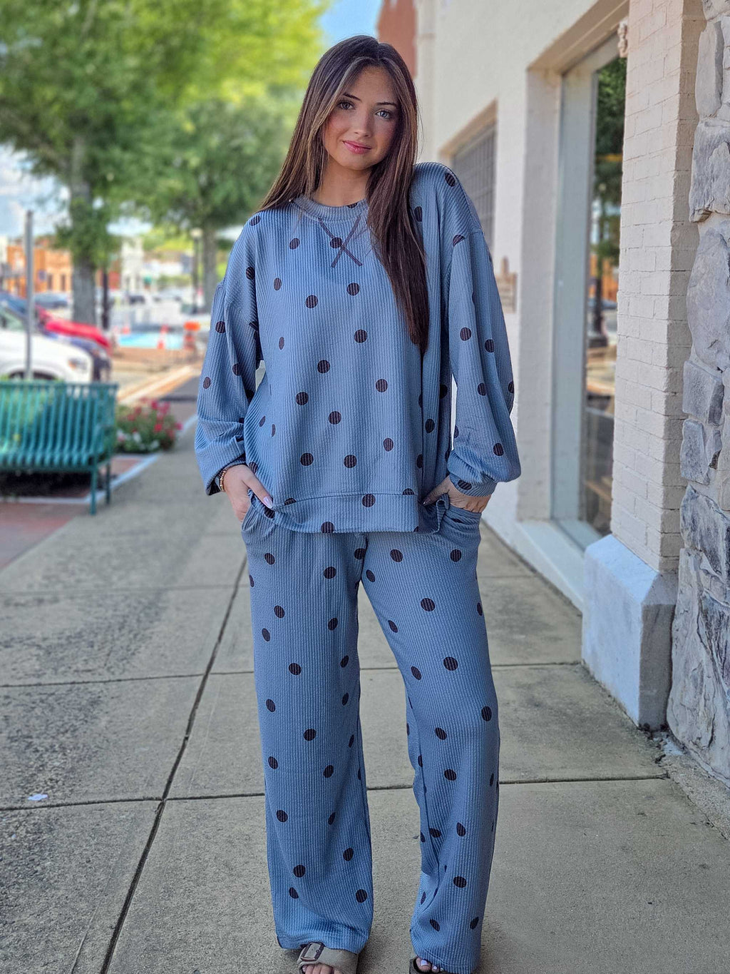 Polka Dot Textured Waffle Knit Long Sleeve Top