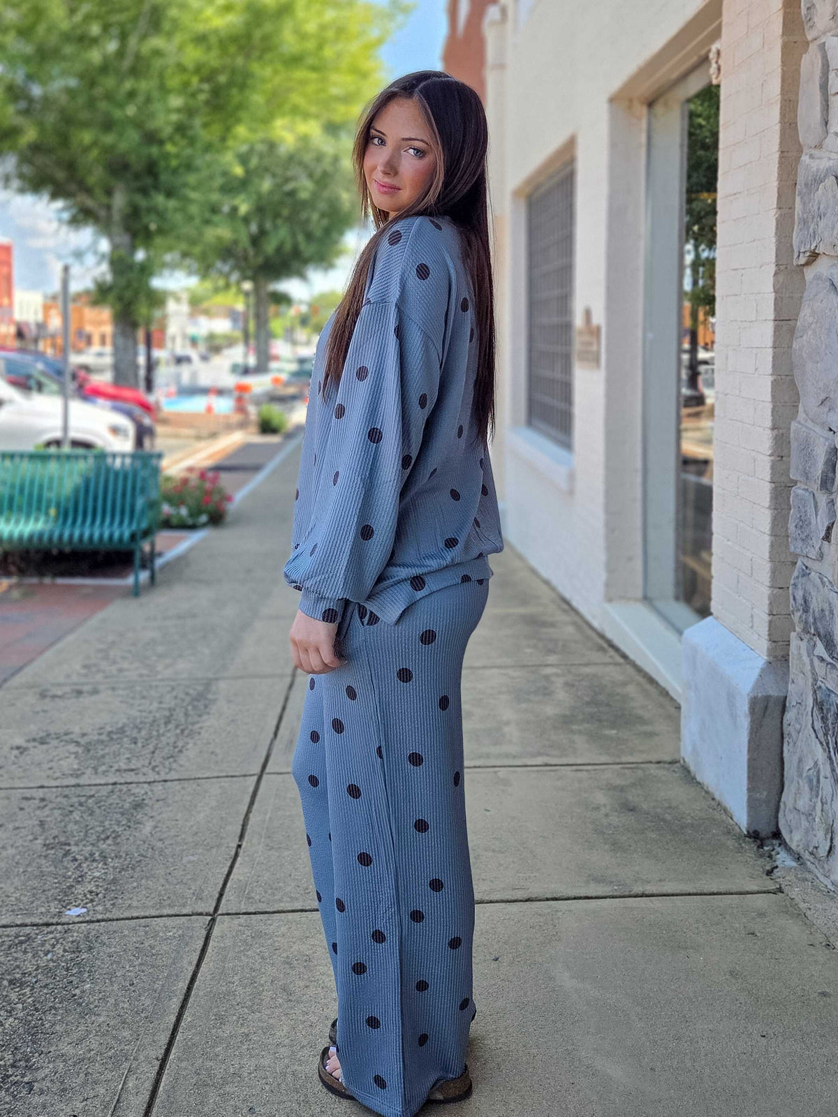 Polka Dot Textured Waffle Knit Long Sleeve Top