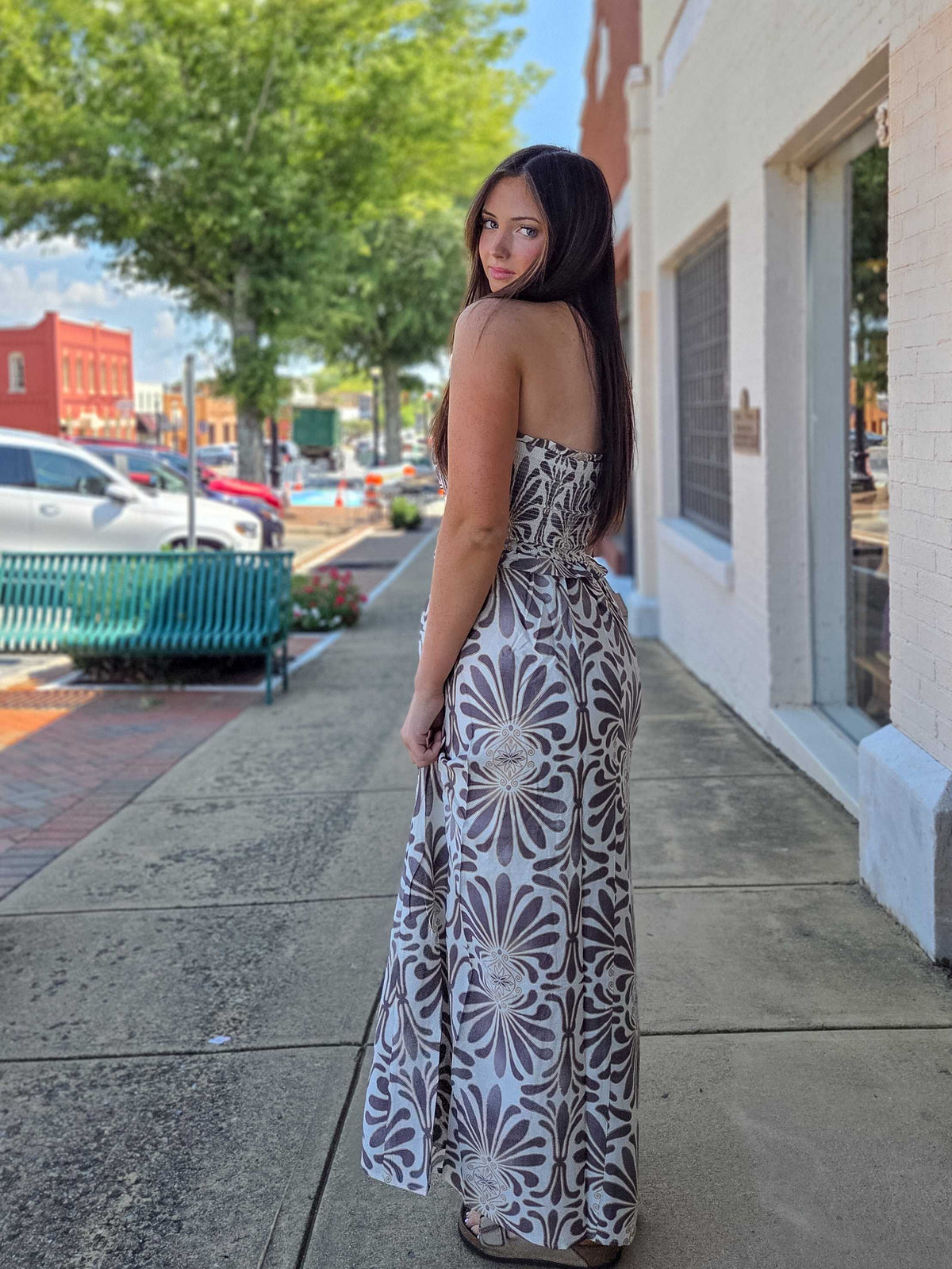 Charcoal Multi Strapless Smocked Damask Midi Dress