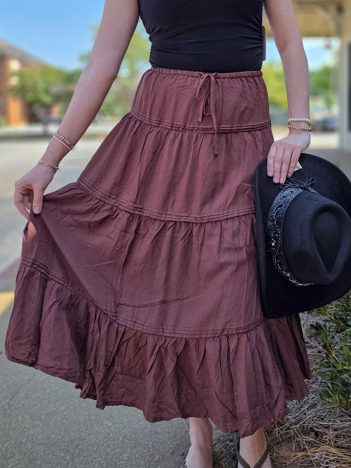 Women’s Tiered Maxi Skirt – High Rise Drawstring Ruffle Long Skirt