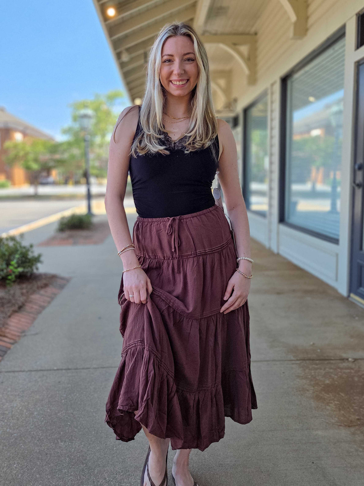 Women’s Tiered Maxi Skirt – High Rise Drawstring Ruffle Long Skirt