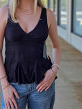 Women’s Black Lace Trim Peplum Tank Top – V Neck Sleeveless Flowy Going Out Top