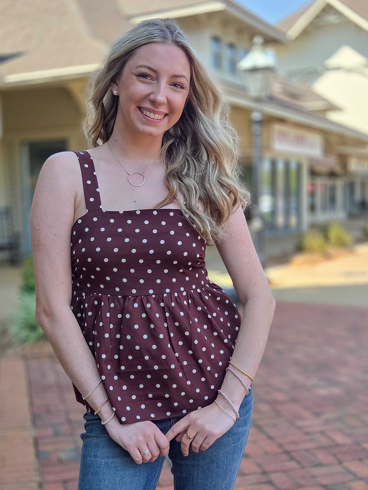 Brown Polka Dot Tie-Back Peplum Cami Top