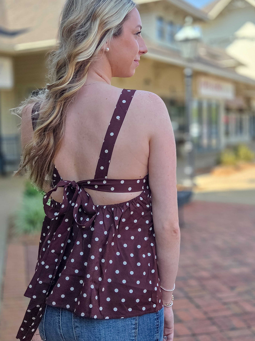 Brown Polka Dot Tie-Back Peplum Cami Top