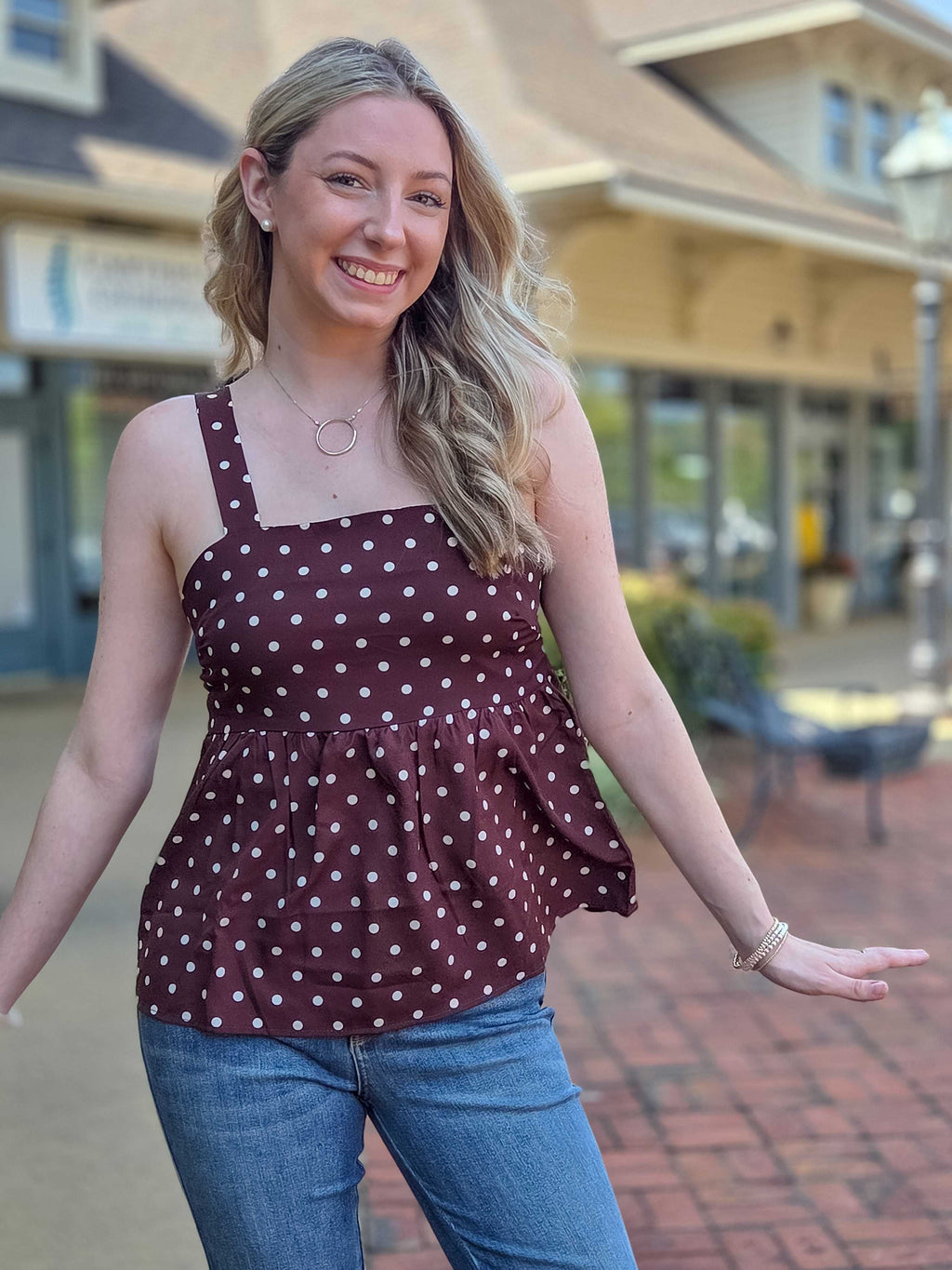 Brown Polka Dot Tie-Back Peplum Cami Top