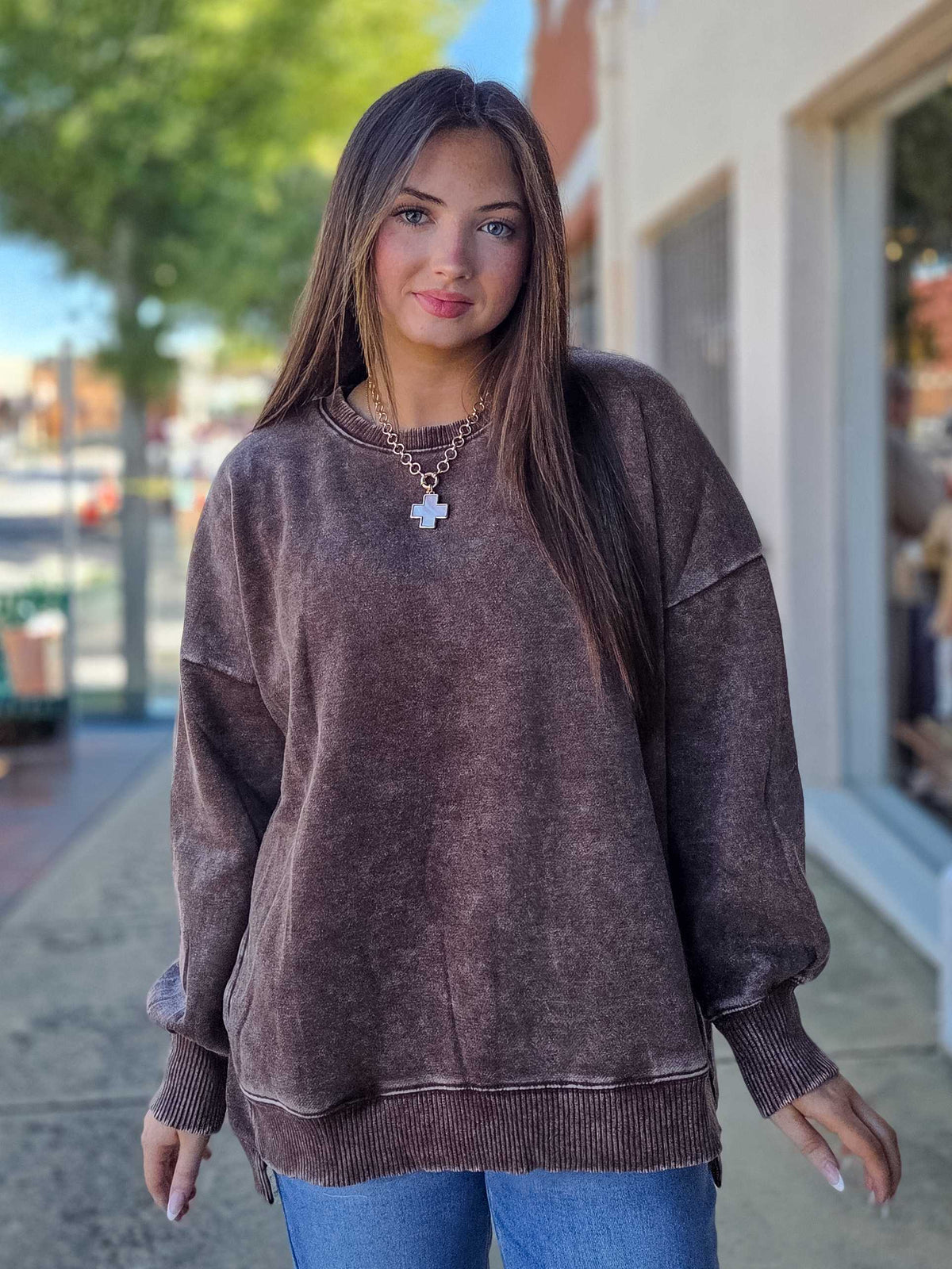 Acid Wash Fleece Hi-Low Hem Oversized Pullover