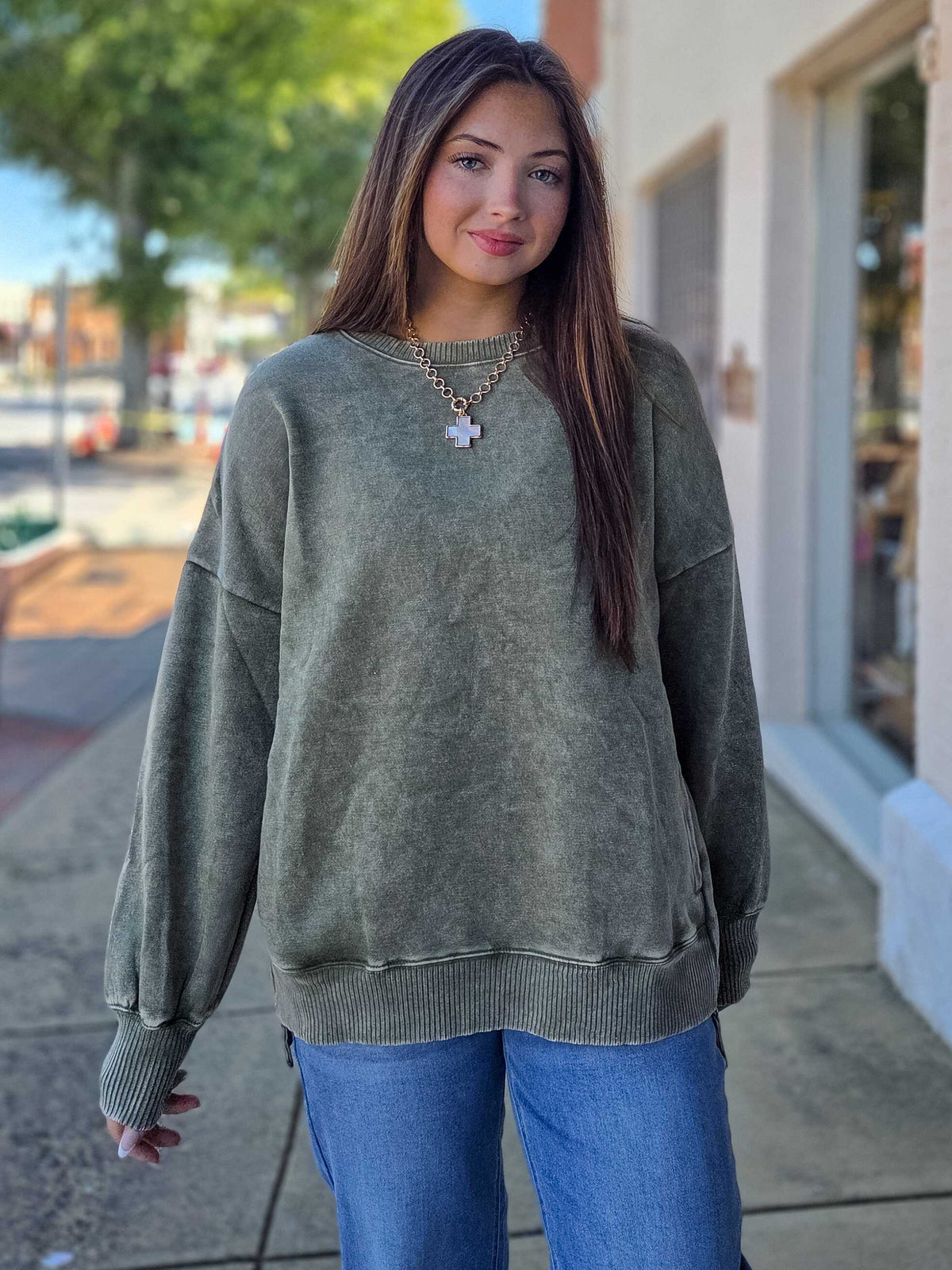 Acid Wash Fleece Hi-Low Hem Oversized Pullover