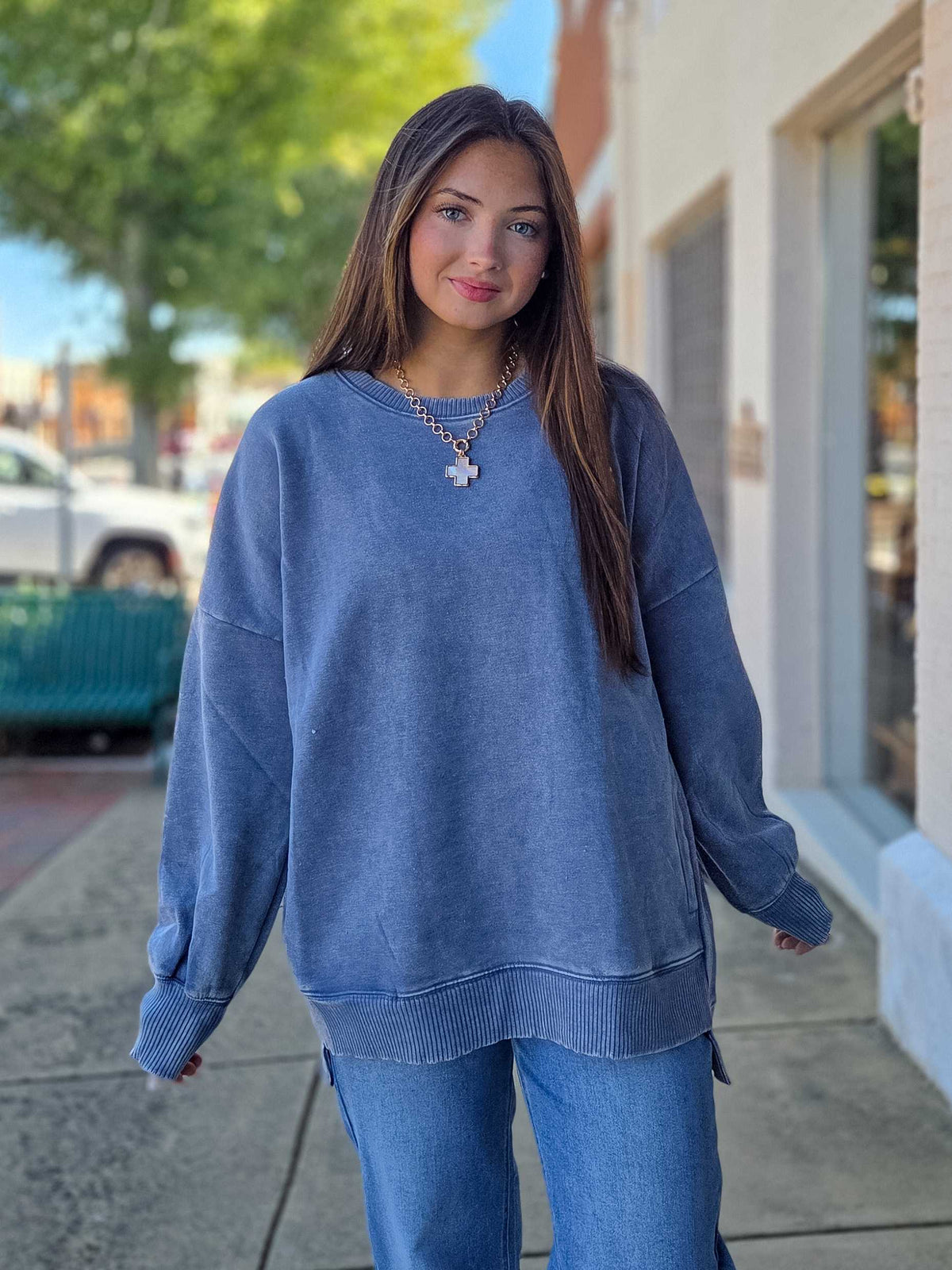 Acid Wash Fleece Hi-Low Hem Oversized Pullover