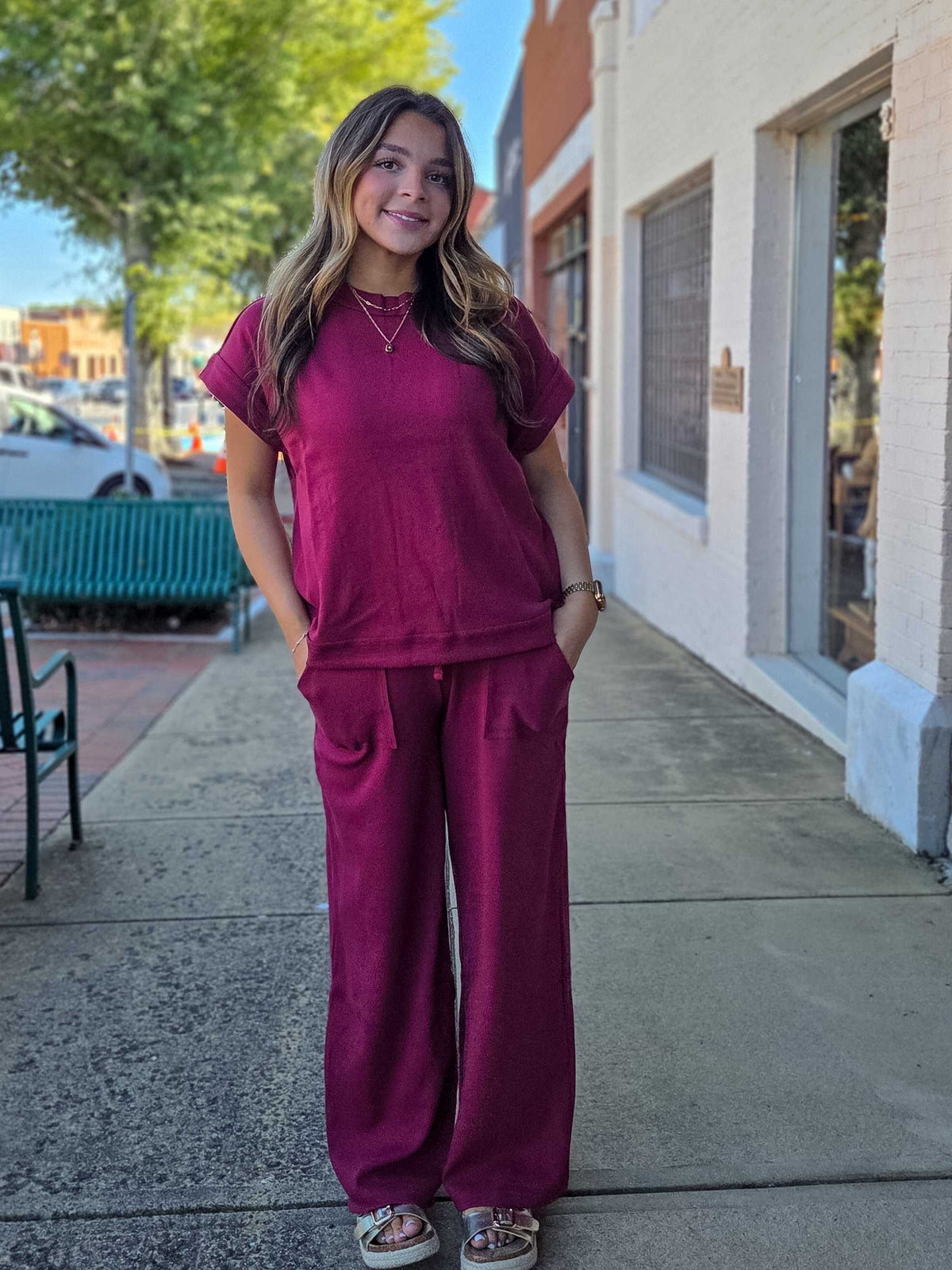 Ribbed Short Sleeve Tee & Wide Leg Pants Set