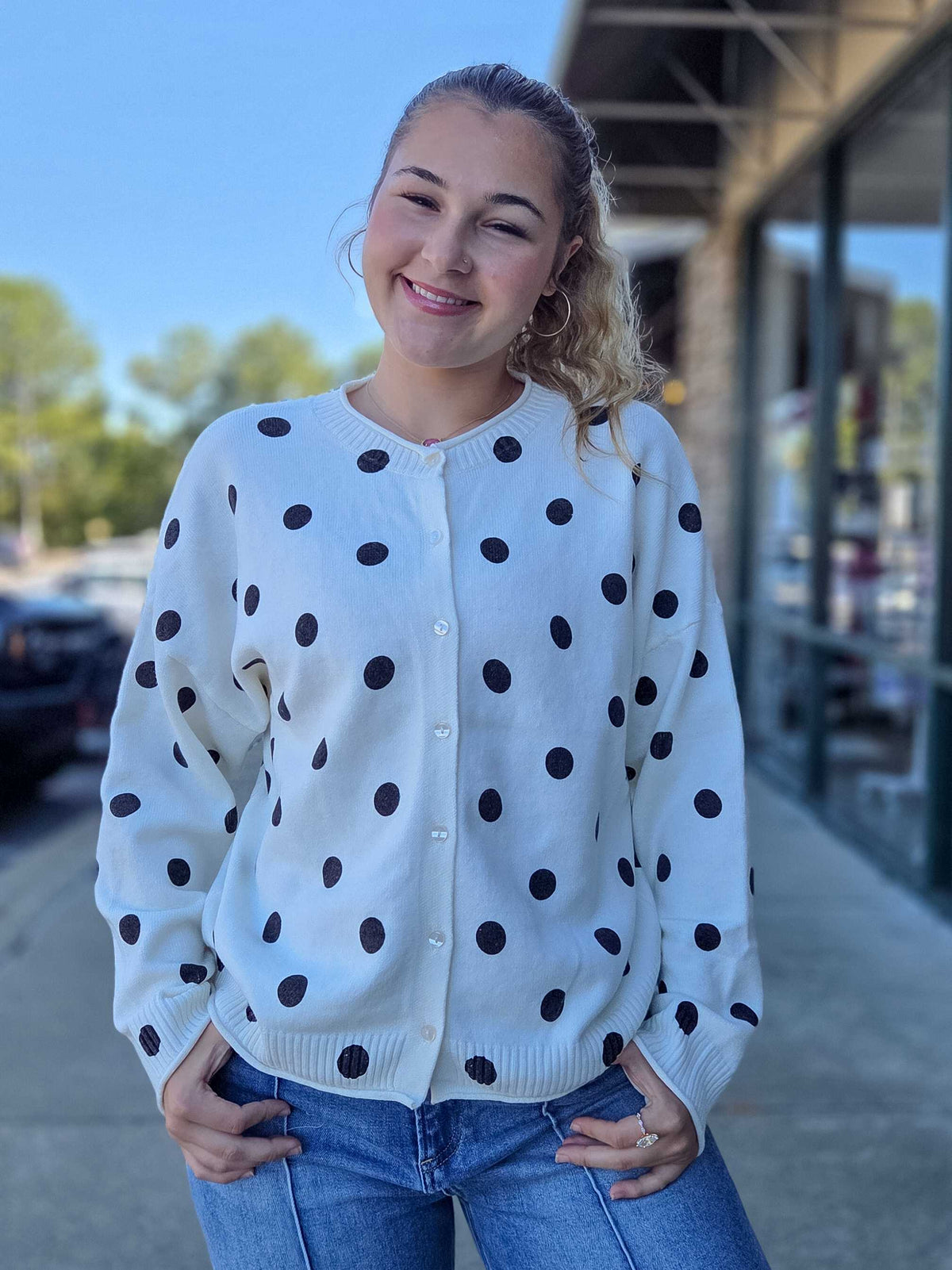 Polka Dot Raw Edge Wide Sleeve Knit Cardigan