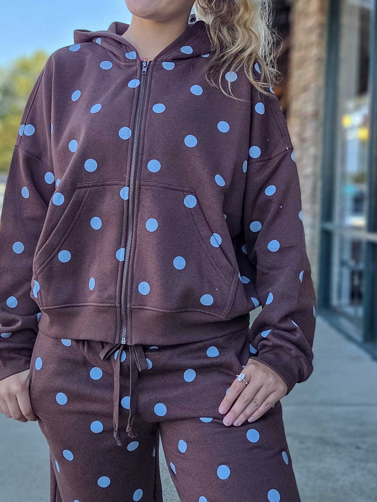 Polka Dot Zip-Up Hoodie – Brown/Blue