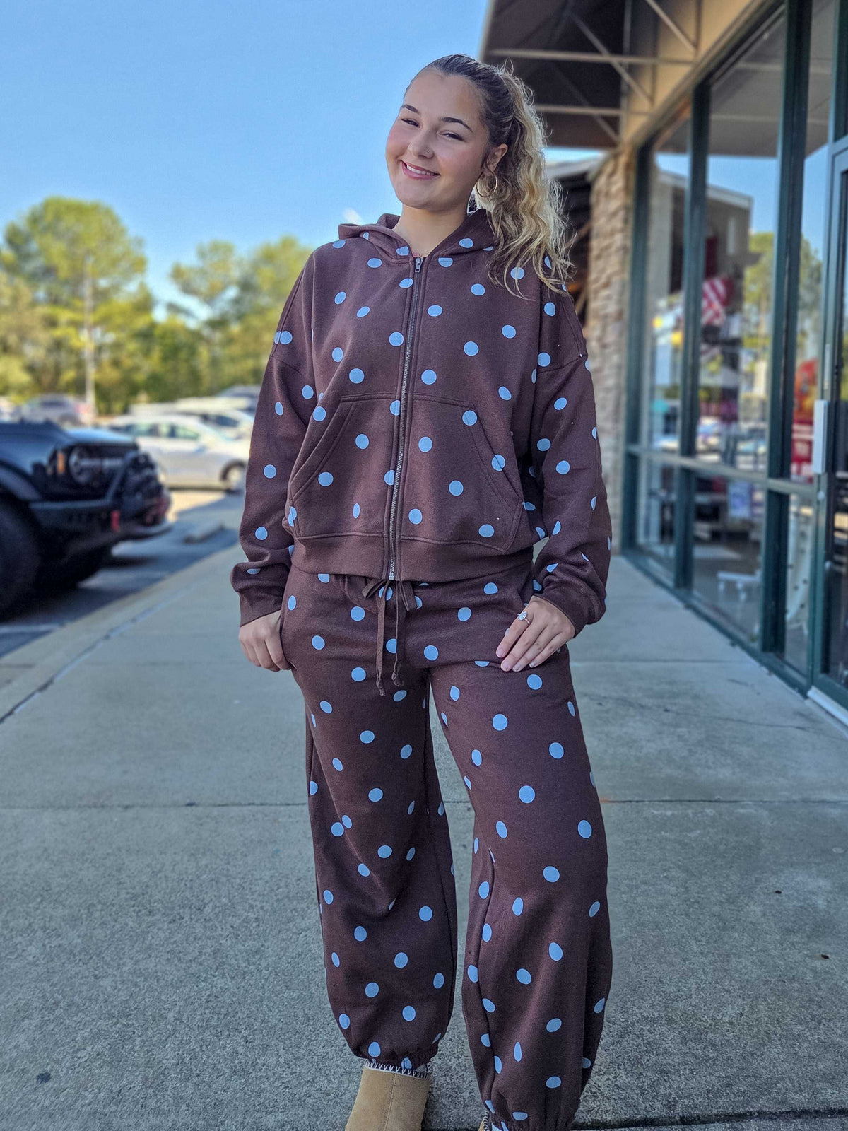 Polka Dot Zip-Up Hoodie – Brown/Blue