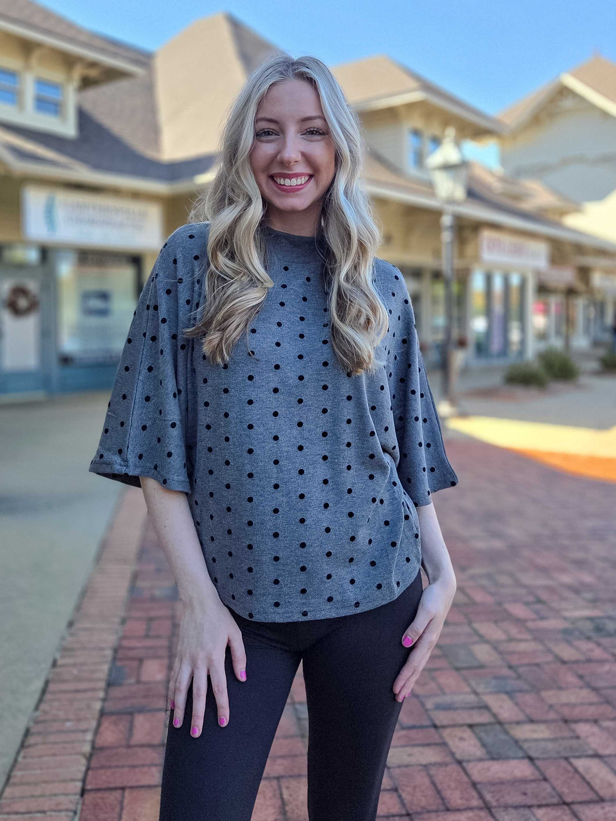 Flocked Polka Dot Mock Neck Dolman Top