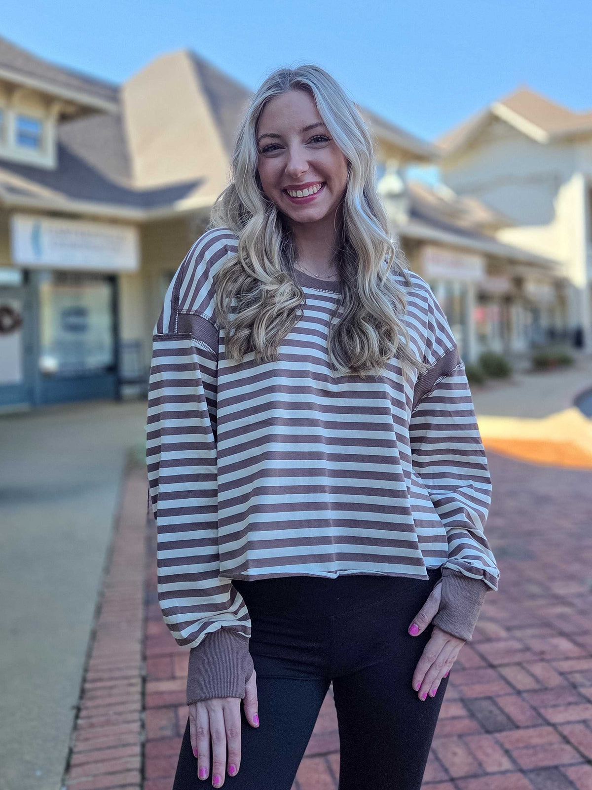 Mocha Striped Open Back Long Sleeve Top