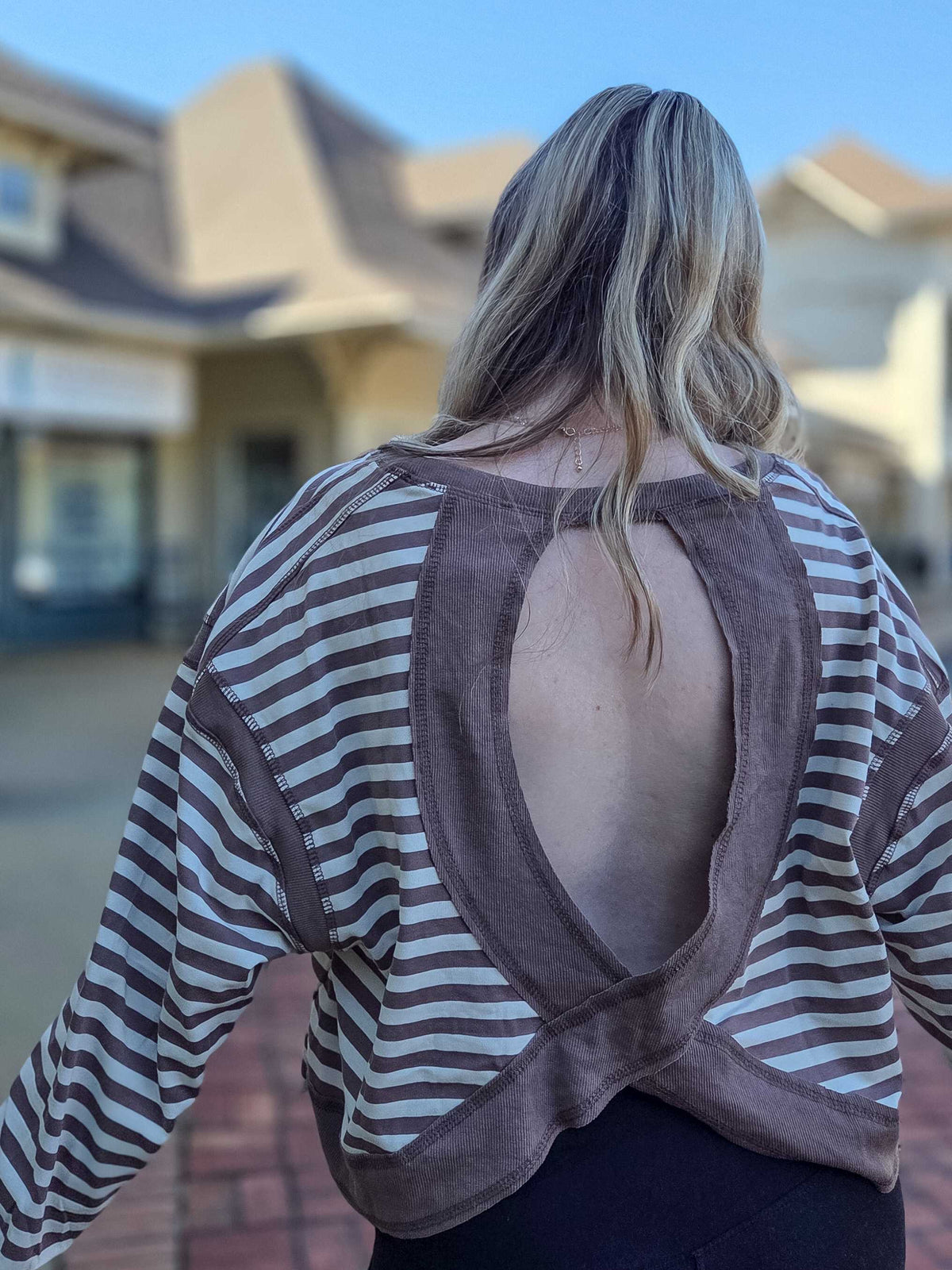 Mocha Striped Open Back Long Sleeve Top