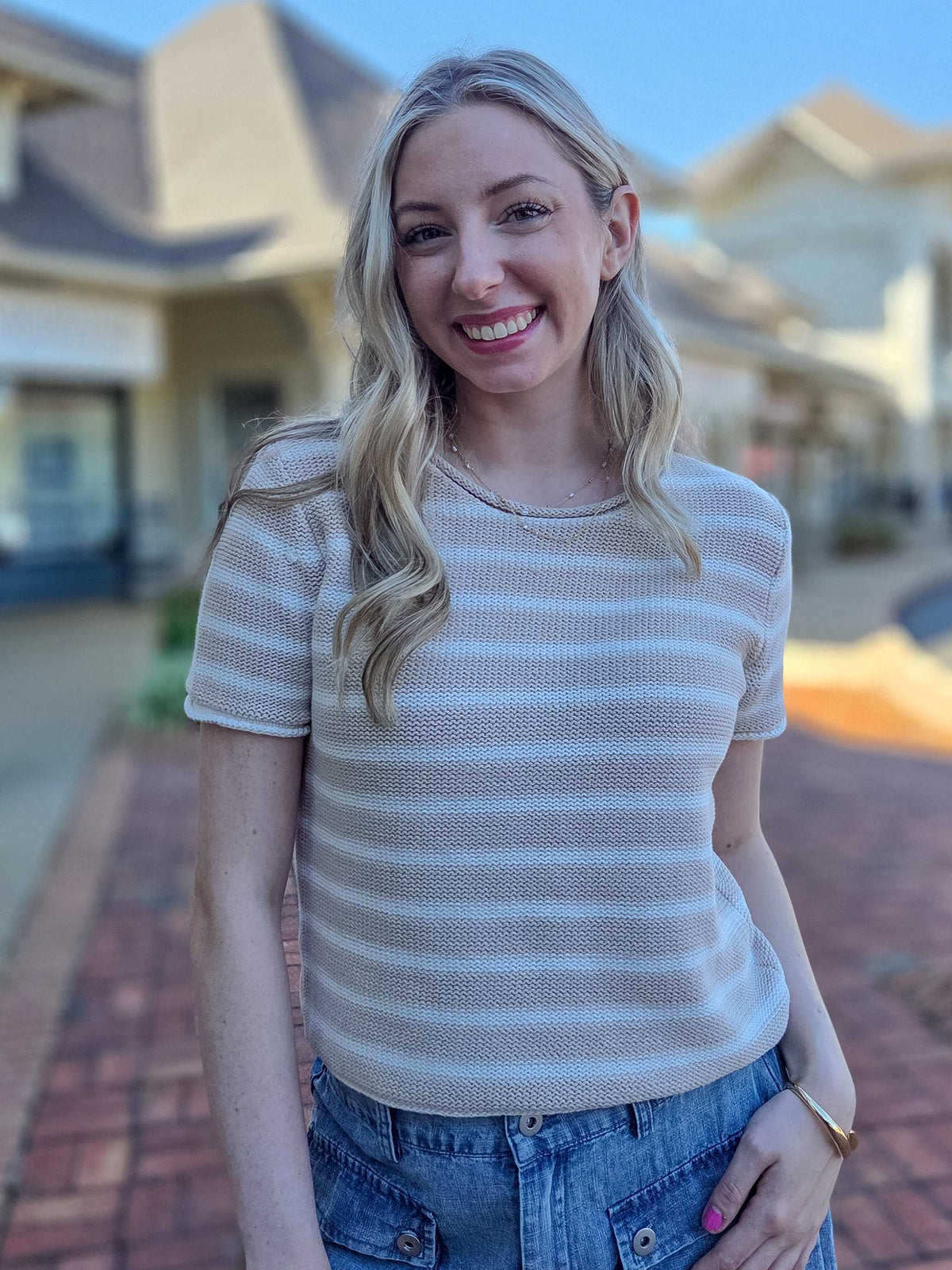 Khaki & White Striped Short Sleeve Knit Top