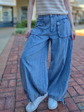 Washed Denim Wide Leg Cargo Pants