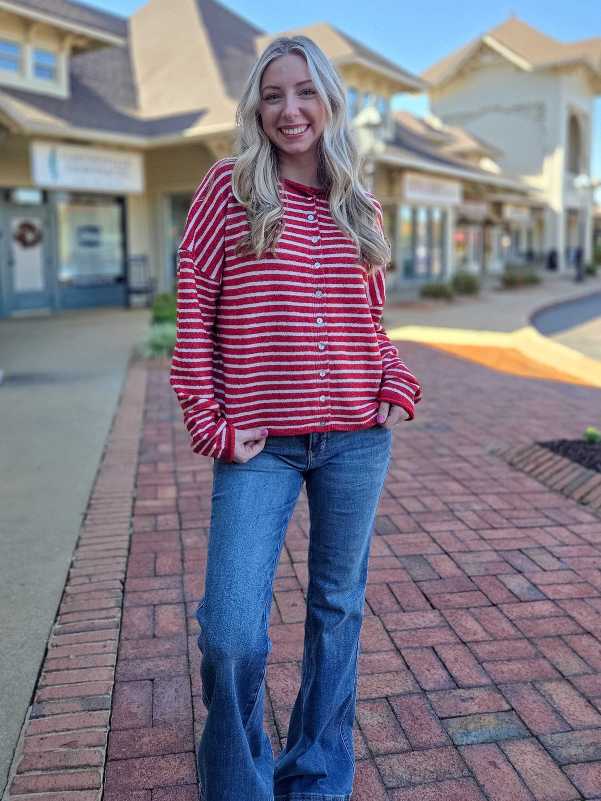 Red & White Striped Button-Up Knit Cardigan