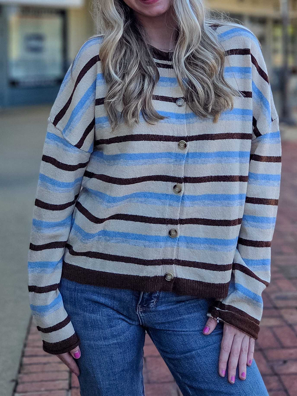 Multi Stripe Reversible Button-Up Knit Cardigan